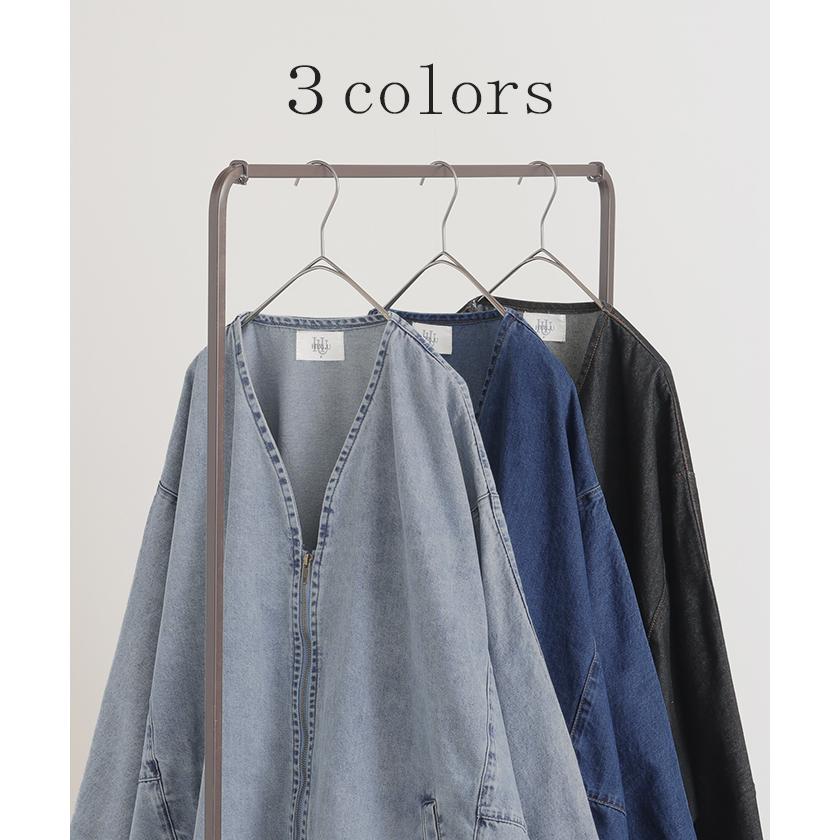 Gジャン ドルマン デニム アウター レディース ジャケット デニムジャケット ロング トップス ノーカラー Vネック お尻が隠れる ライトアウター dolmanouter | HUG.U | 12