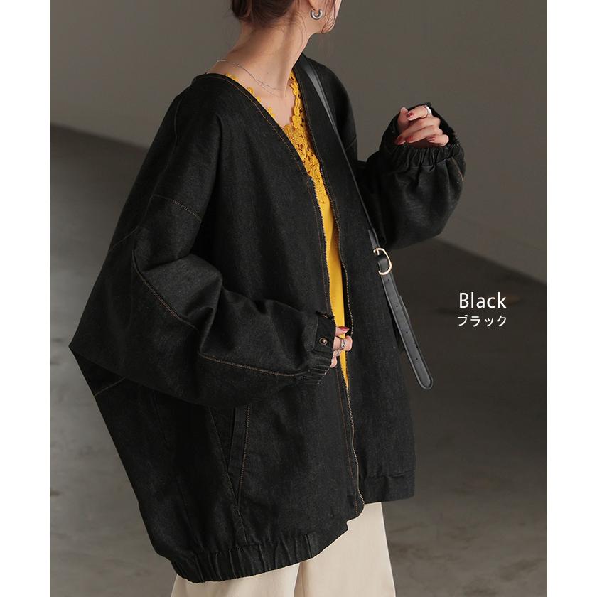 Gジャン ドルマン デニム アウター レディース ジャケット デニムジャケット ロング トップス ノーカラー Vネック お尻が隠れる ライトアウター dolmanouter | HUG.U | 13