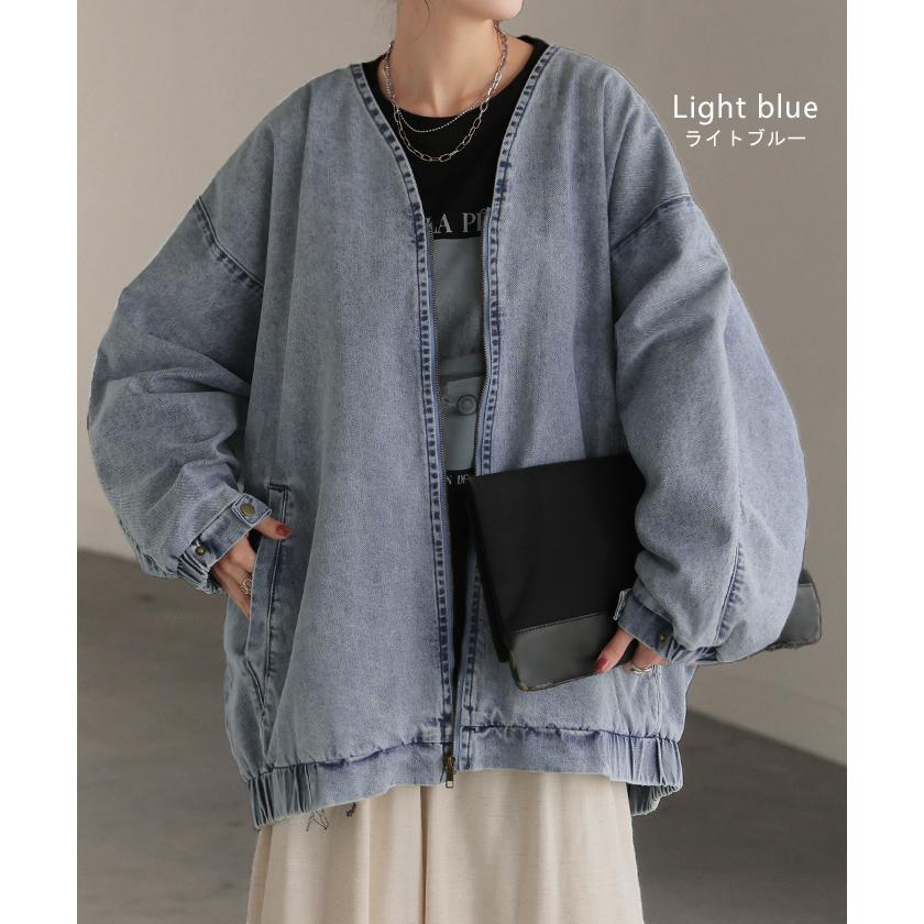 Gジャン ドルマン デニム アウター レディース ジャケット デニムジャケット ロング トップス ノーカラー Vネック お尻が隠れる ライトアウター dolmanouter | HUG.U | 15