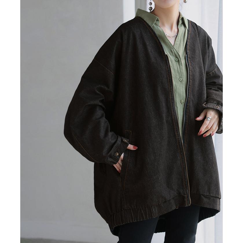 Gジャン ドルマン デニム アウター レディース ジャケット デニムジャケット ロング トップス ノーカラー Vネック お尻が隠れる ライトアウター dolmanouter | HUG.U | 20