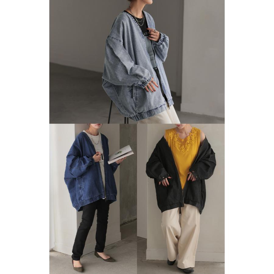 Gジャン ドルマン デニム アウター レディース ジャケット デニムジャケット ロング トップス ノーカラー Vネック お尻が隠れる ライトアウター dolmanouter | HUG.U | 21