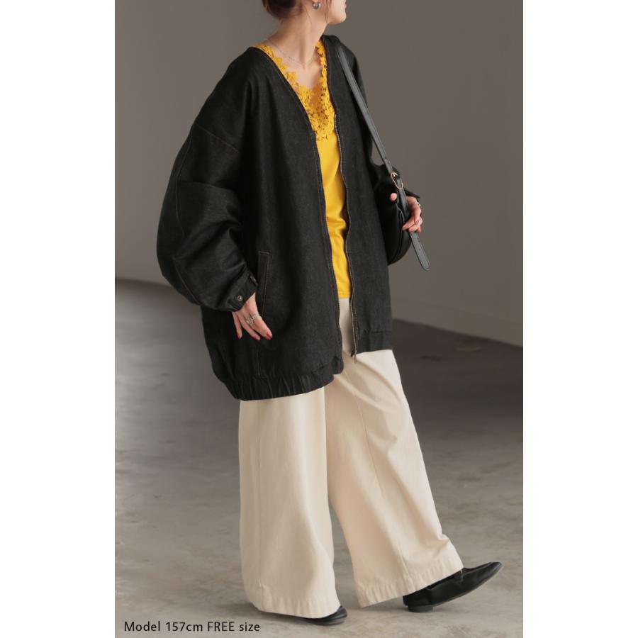 Gジャン ドルマン デニム アウター レディース ジャケット デニムジャケット ロング トップス ノーカラー Vネック お尻が隠れる ライトアウター dolmanouter | HUG.U | 05