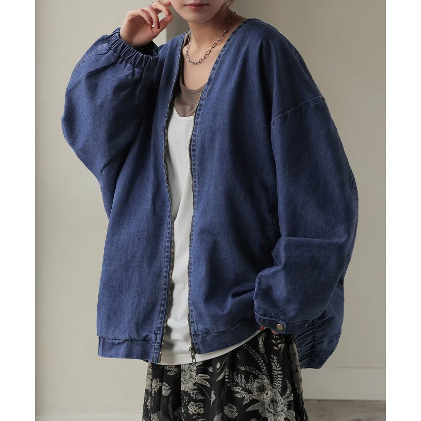 Gジャン ドルマン デニム アウター レディース ジャケット デニムジャケット ロング トップス ノーカラー Vネック お尻が隠れる ライトアウター dolmanouter | HUG.U | 07
