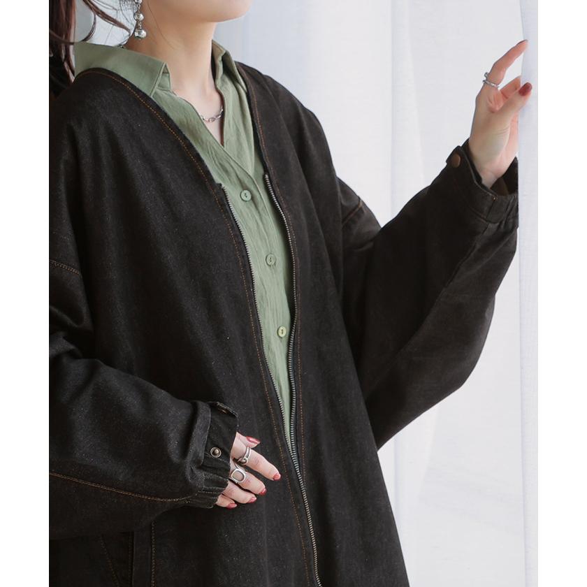 Gジャン ドルマン デニム アウター レディース ジャケット デニムジャケット ロング トップス ノーカラー Vネック お尻が隠れる ライトアウター dolmanouter | HUG.U | 08