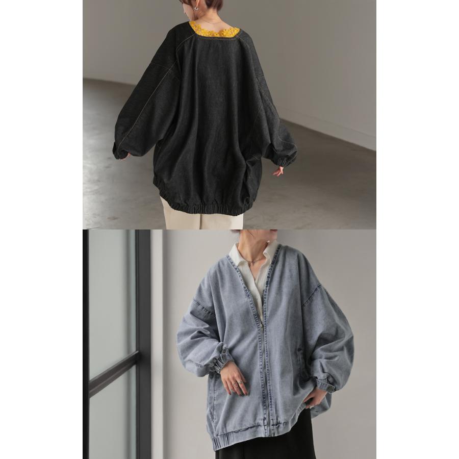 Gジャン ドルマン デニム アウター レディース ジャケット デニムジャケット ロング トップス ノーカラー Vネック お尻が隠れる ライトアウター dolmanouter | HUG.U | 10