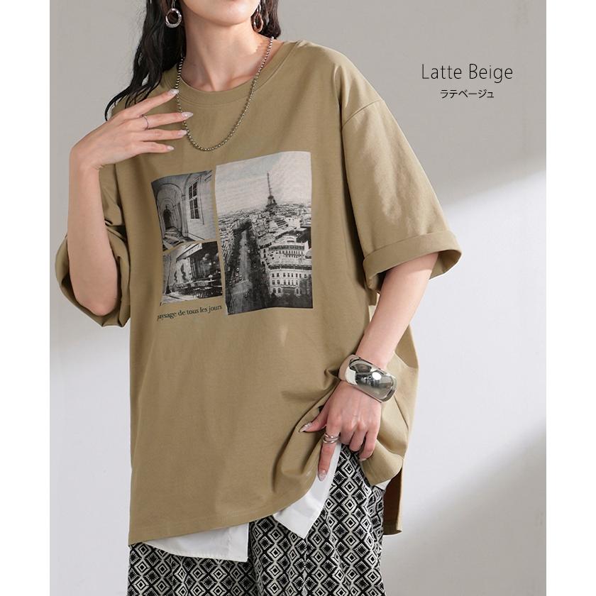 Tシャツ プリント 接触冷感 ＵＶカット レディース トップス 半袖 ロゴ カットソー ロング チュニック お尻が隠れる クルーネック ティーシャツ ロンT | HUG.U | 16