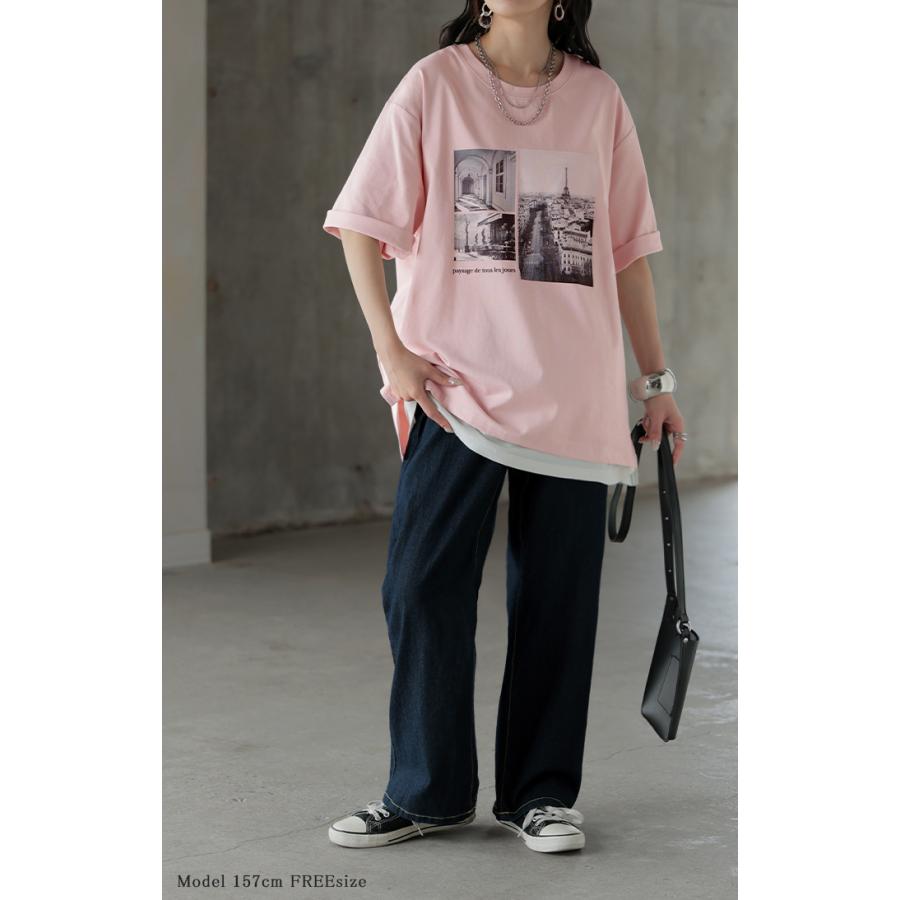 Tシャツ プリント 接触冷感 ＵＶカット レディース トップス 半袖 ロゴ カットソー ロング チュニック お尻が隠れる クルーネック ティーシャツ ロンT | HUG.U | 25