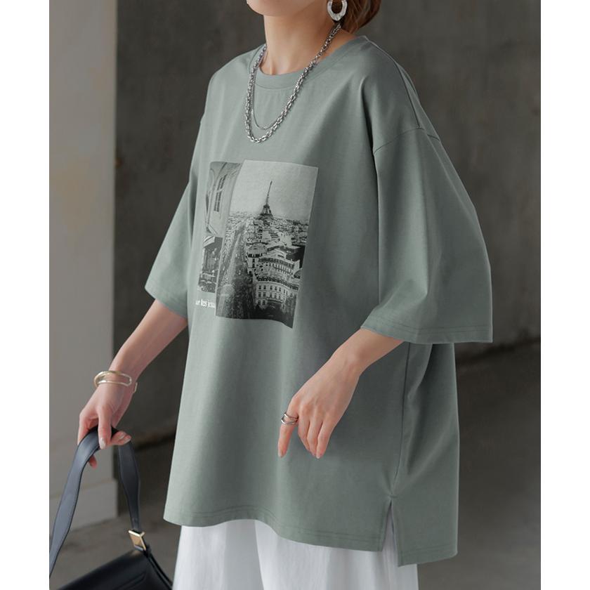 Tシャツ プリント 接触冷感 ＵＶカット レディース トップス 半袖 ロゴ カットソー ロング チュニック お尻が隠れる クルーネック ティーシャツ ロンT | HUG.U | 08