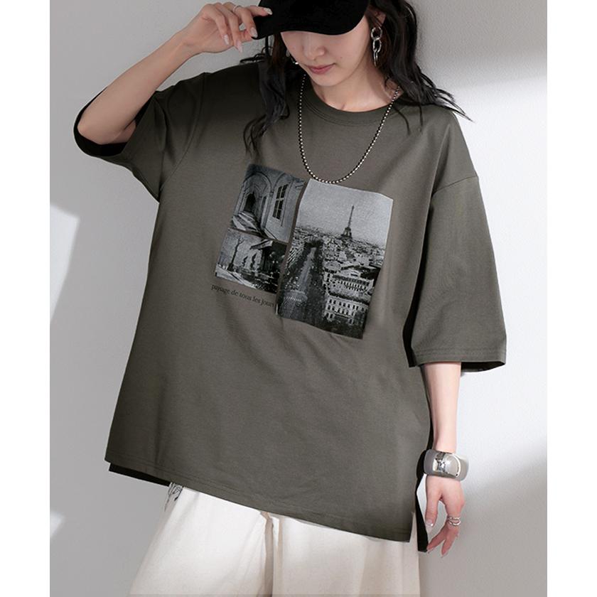 Tシャツ プリント 接触冷感 ＵＶカット レディース トップス 半袖 ロゴ カットソー ロング チュニック お尻が隠れる クルーネック ティーシャツ ロンT | HUG.U | 10