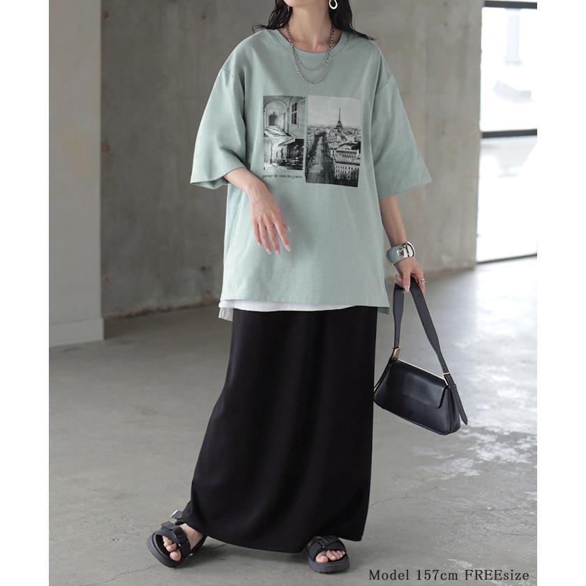 Tシャツ プリント 接触冷感 ＵＶカット レディース トップス 半袖 ロゴ カットソー ロング チュニック お尻が隠れる クルーネック ティーシャツ ロンT | HUG.U | 12