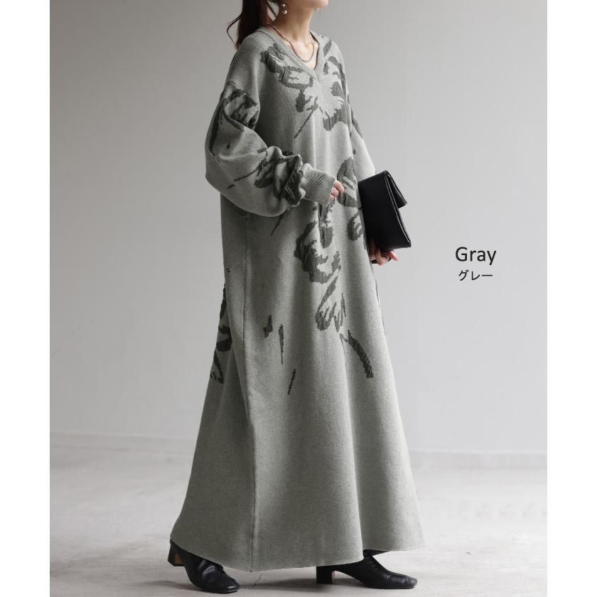 HUG.U ワンピース ジャガード 花柄 綿100％ レディース ロング Vネック