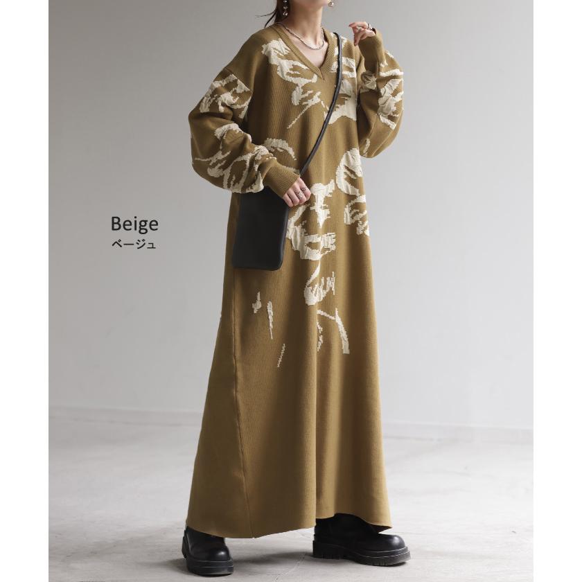 ワンピース ジャガード 花柄 綿100％ レディース ロング Vネック ドロップショルダー ニット リブ チクチクしない Aライン 総柄 ロングワンピース マキシ | HUG.U | 17