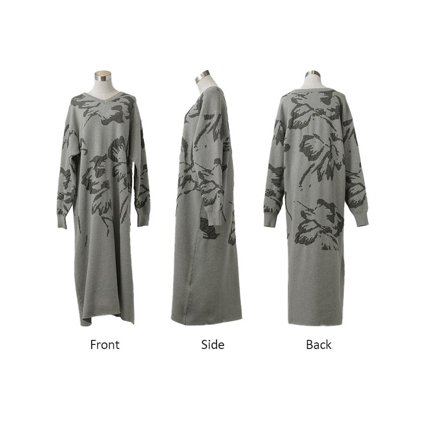 ワンピース ジャガード 花柄 綿100％ レディース ロング Vネック ドロップショルダー ニット リブ チクチクしない Aライン 総柄 ロングワンピース マキシ | HUG.U | 22
