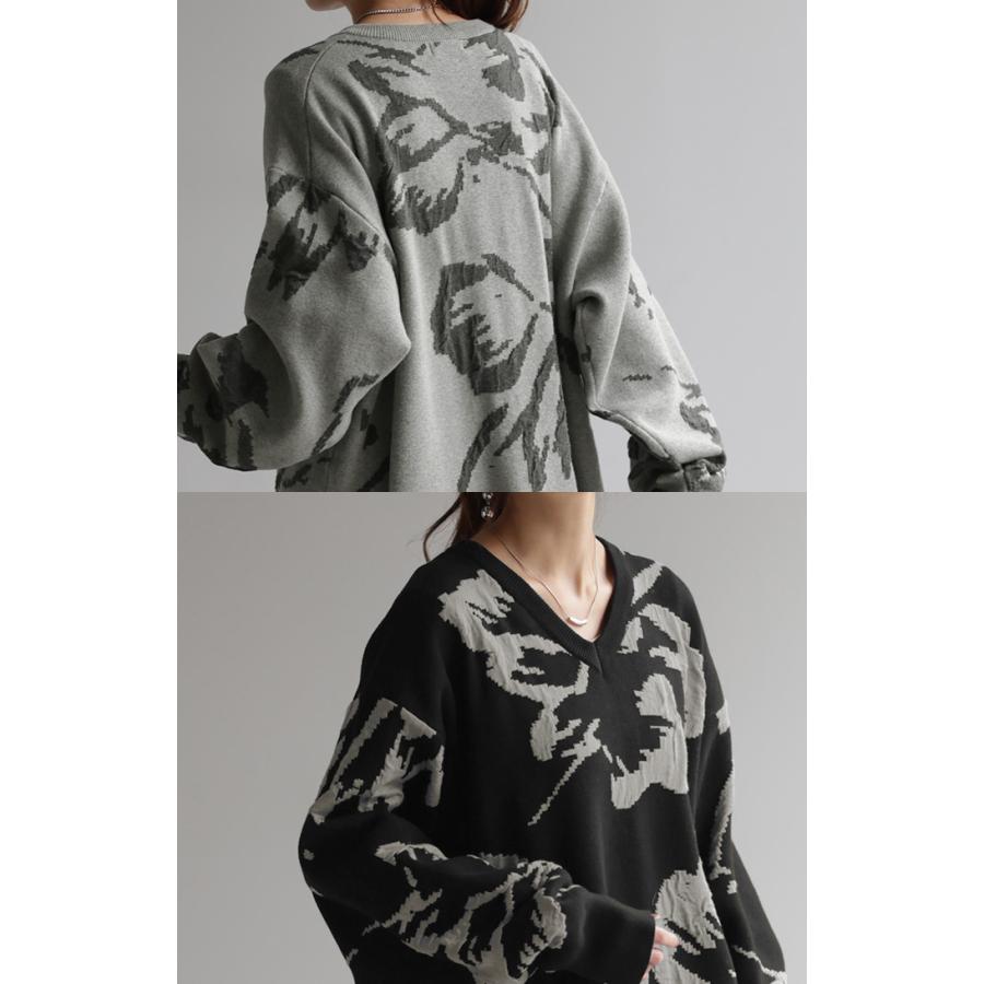 ワンピース ジャガード 花柄 綿100％ レディース ロング Vネック ドロップショルダー ニット リブ チクチクしない Aライン 総柄 ロングワンピース マキシ | HUG.U | 06
