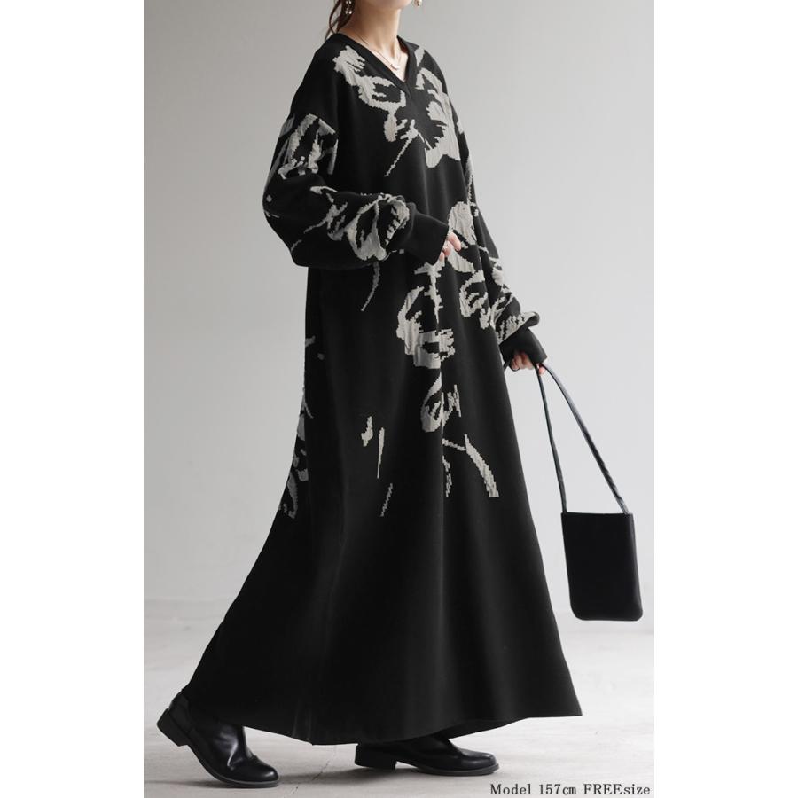ワンピース ジャガード 花柄 綿100％ レディース ロング Vネック ドロップショルダー ニット リブ チクチクしない Aライン 総柄 ロングワンピース マキシ | HUG.U | 09