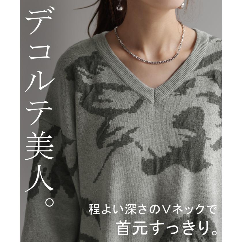 ワンピース ジャガード 花柄 綿100％ レディース ロング Vネック ドロップショルダー ニット リブ チクチクしない Aライン 総柄 ロングワンピース マキシ | HUG.U | 10
