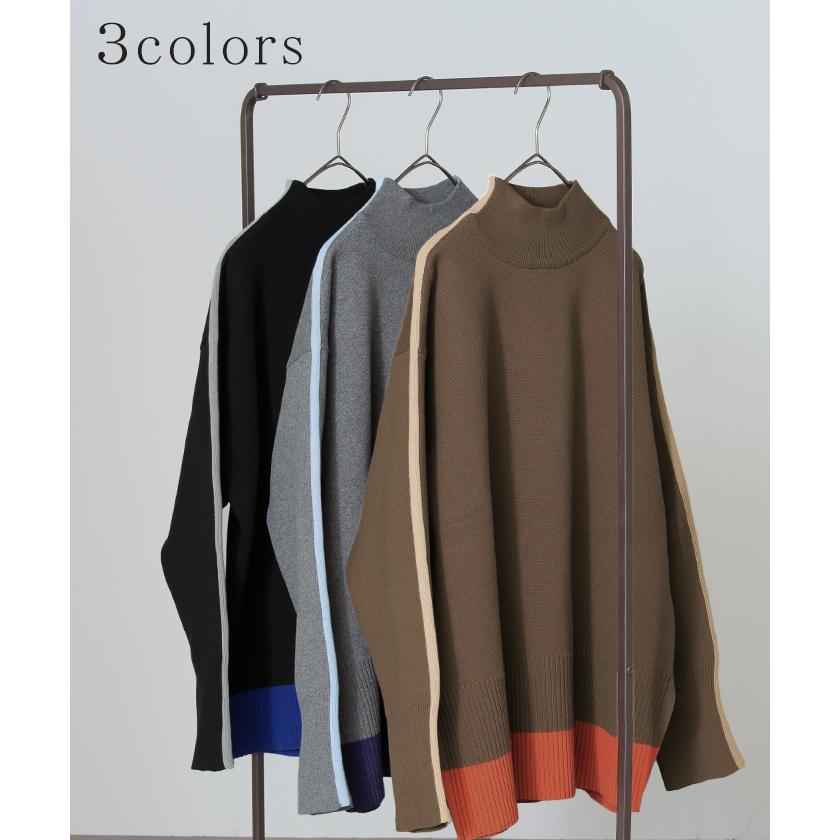 ニット 配色 ライン レディース トップス セーター プルオーバー ロング ロングニット リブ 無地 長袖 ハイネック | HUG.U | 13