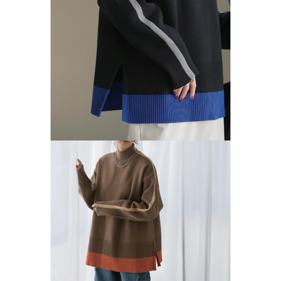 ニット 配色 ライン レディース トップス セーター プルオーバー ロング ロングニット リブ 無地 長袖 ハイネック | HUG.U | 19