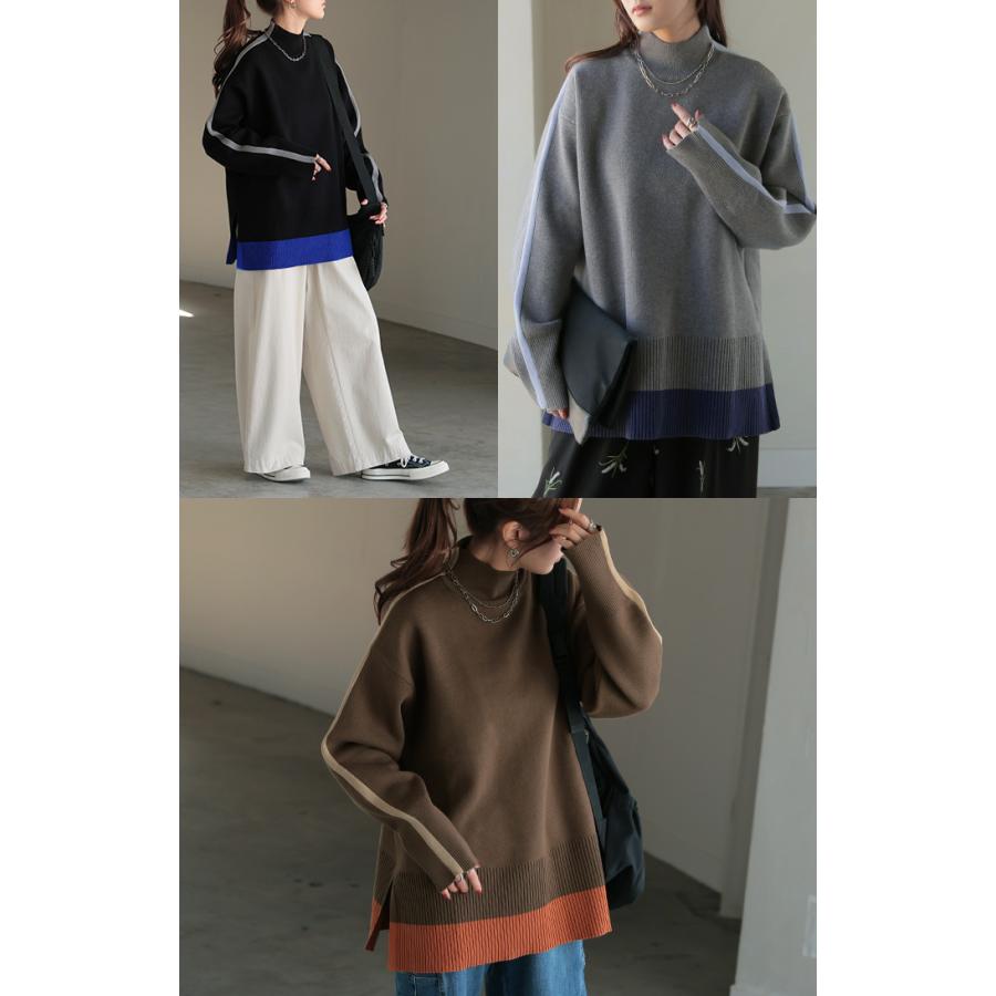 ニット 配色 ライン レディース トップス セーター プルオーバー ロング ロングニット リブ 無地 長袖 ハイネック | HUG.U | 22