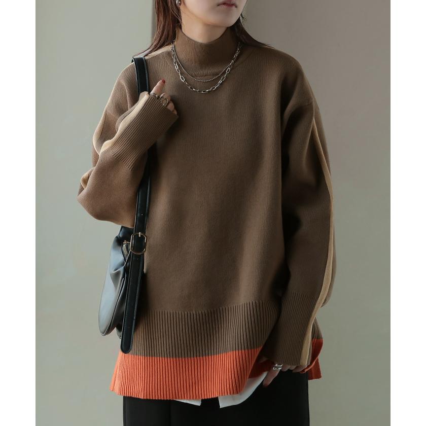 ニット 配色 ライン レディース トップス セーター プルオーバー ロング ロングニット リブ 無地 長袖 ハイネック | HUG.U | 05