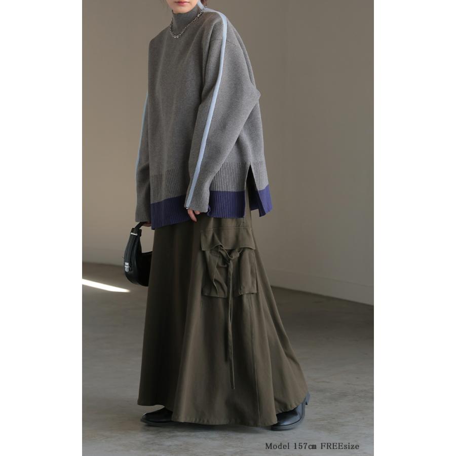 ニット 配色 ライン レディース トップス セーター プルオーバー ロング ロングニット リブ 無地 長袖 ハイネック | HUG.U | 06