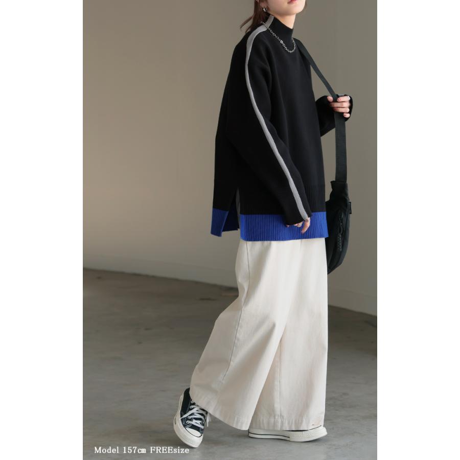 ニット 配色 ライン レディース トップス セーター プルオーバー ロング ロングニット リブ 無地 長袖 ハイネック | HUG.U | 09