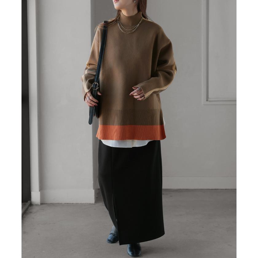 ニット 配色 ライン レディース トップス セーター プルオーバー ロング ロングニット リブ 無地 長袖 ハイネック | HUG.U | 11