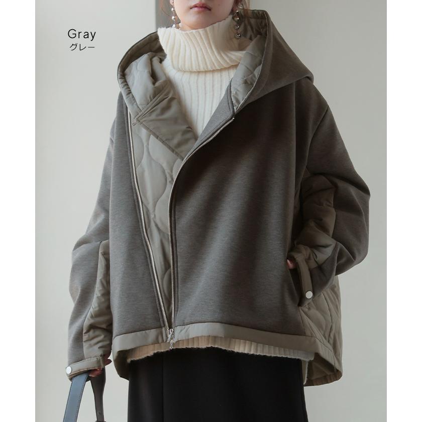 ジャケット 中綿 ロング レディース アウター コート アシメ アシンメトリー ダブルジップ フード キルティング | HUG.U | 12
