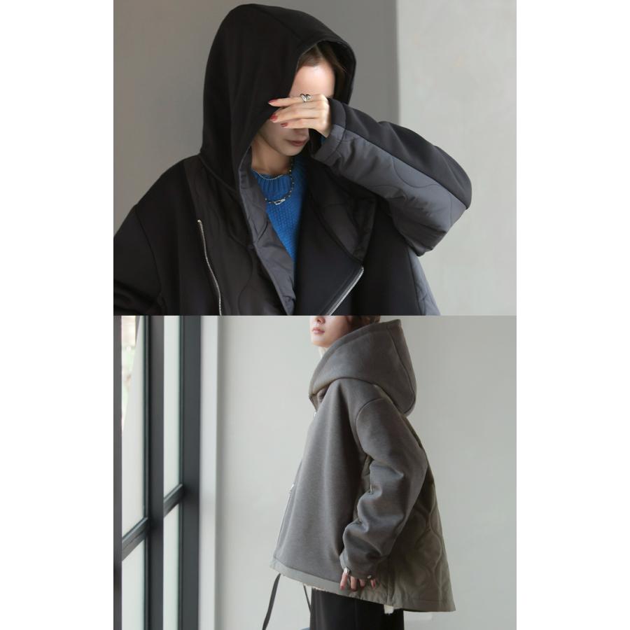 ジャケット 中綿 ロング レディース アウター コート アシメ アシンメトリー ダブルジップ フード キルティング | HUG.U | 17