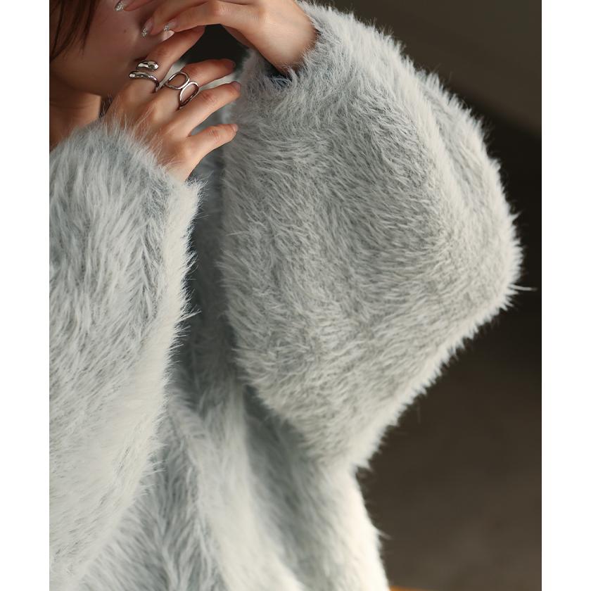 カーディガン フェザー パフスリーブ トップス レディース セーター プルオーバー ロング ニットカーディガン | HUG.U | 17