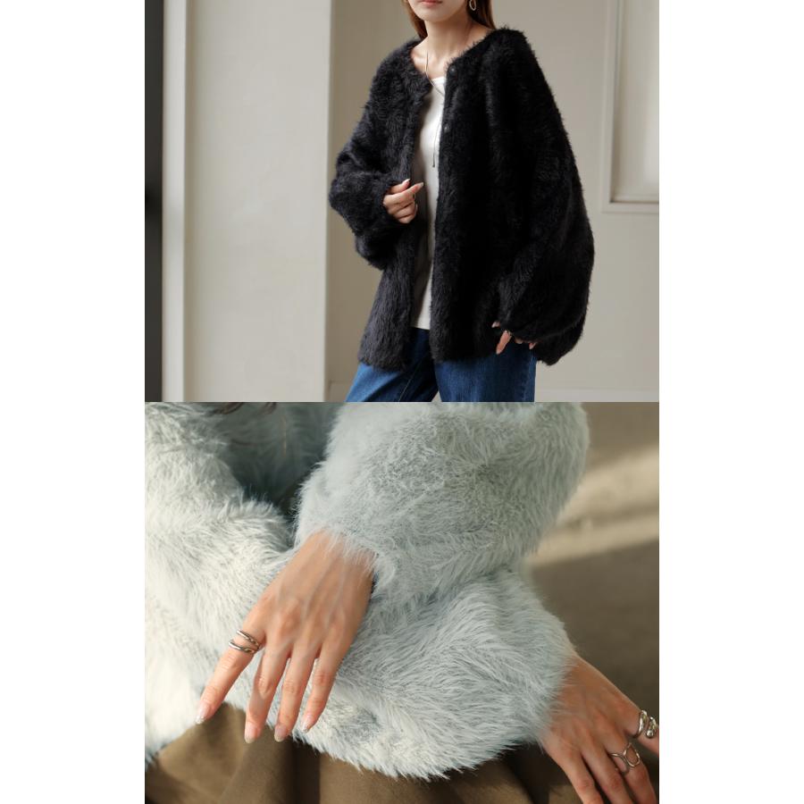 カーディガン フェザー パフスリーブ トップス レディース セーター プルオーバー ロング ニットカーディガン | HUG.U | 22