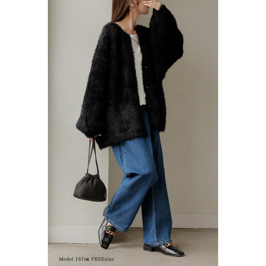 カーディガン フェザー パフスリーブ トップス レディース セーター プルオーバー ロング ニットカーディガン | HUG.U | 08