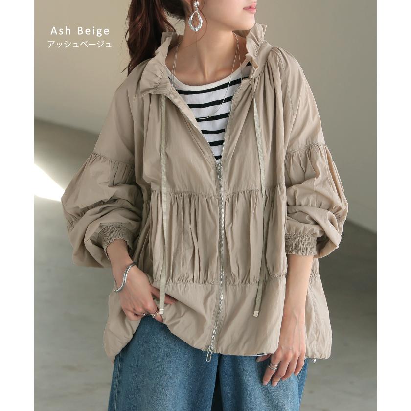 ブルゾン 撥水 ギャザー レディース ロング アウター ナイロン ジャケット コート ロングコート 軽量 無地 | HUG.U | 20