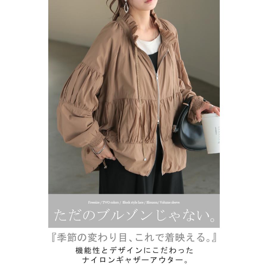 ブルゾン 撥水 ギャザー レディース ロング アウター ナイロン ジャケット コート ロングコート 軽量 無地 | HUG.U | 05