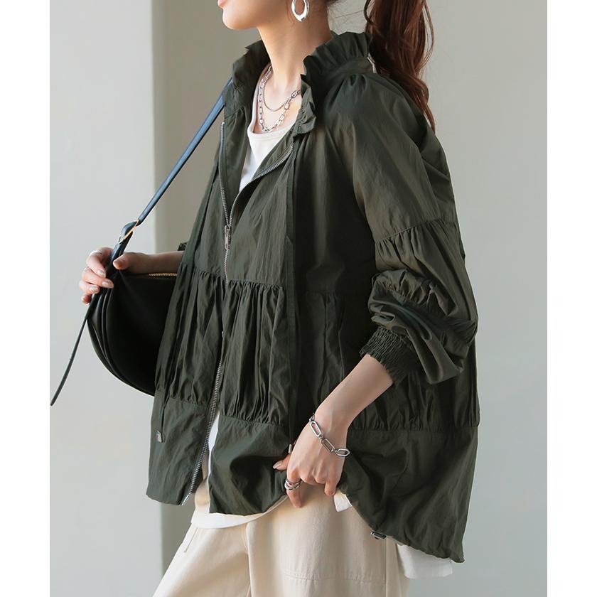 ブルゾン 撥水 ギャザー レディース ロング アウター ナイロン ジャケット コート ロングコート 軽量 無地 | HUG.U | 08