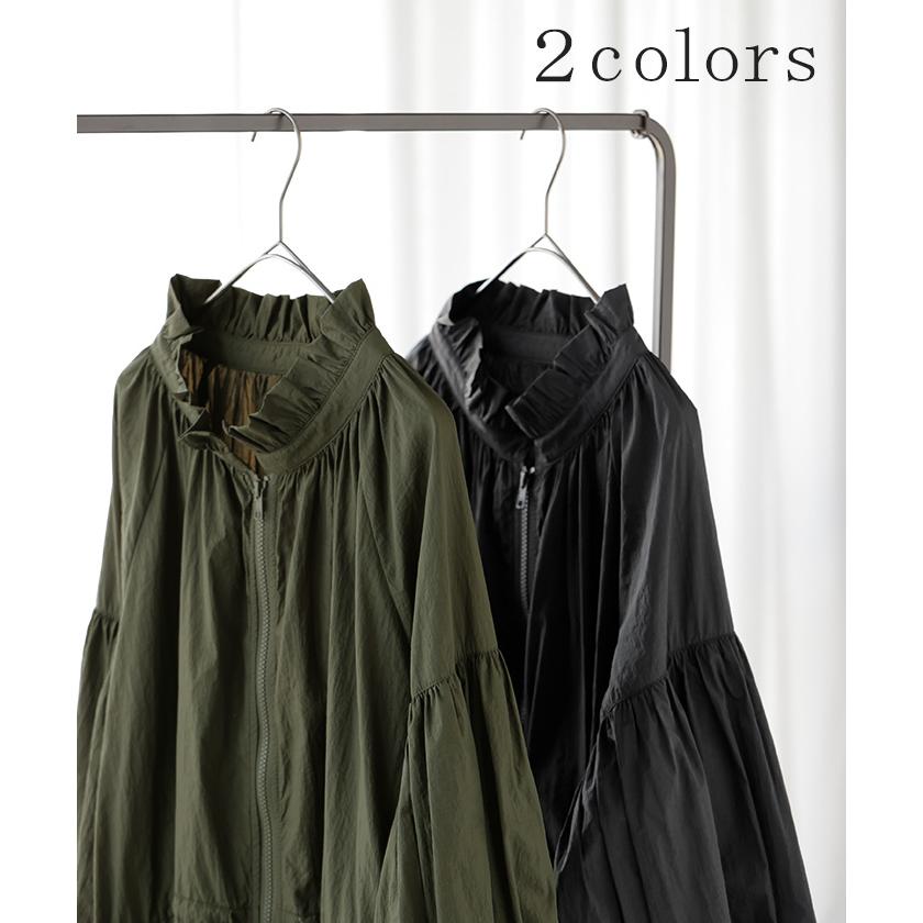 アウター ブルゾン ロング 微 撥水 軽量 レディース ジャンパー ミリタリー ライトアウター ナイロン ハイネック ボリュームスリーブ ダブルジップ 羽織 コート | HUG.U | 11