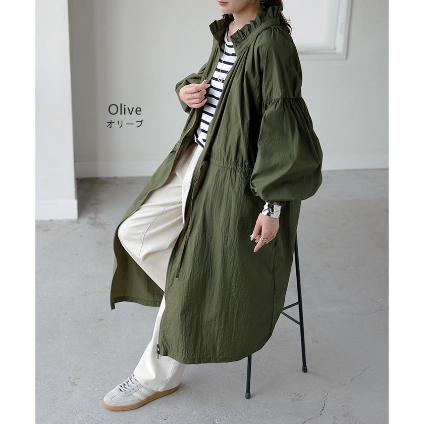 アウター ブルゾン ロング 微 撥水 軽量 レディース ジャンパー ミリタリー ライトアウター ナイロン ハイネック ボリュームスリーブ ダブルジップ 羽織 コート | HUG.U | 13