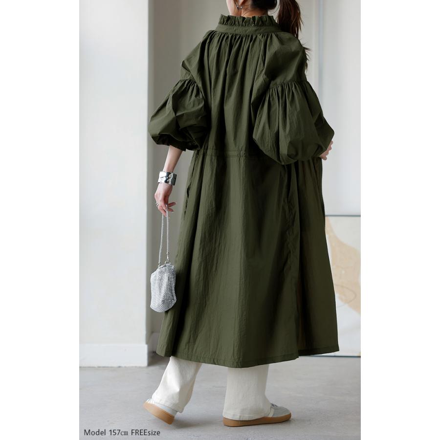 アウター ブルゾン ロング 微 撥水 軽量 レディース ジャンパー ミリタリー ライトアウター ナイロン ハイネック ボリュームスリーブ ダブルジップ 羽織 コート | HUG.U | 21