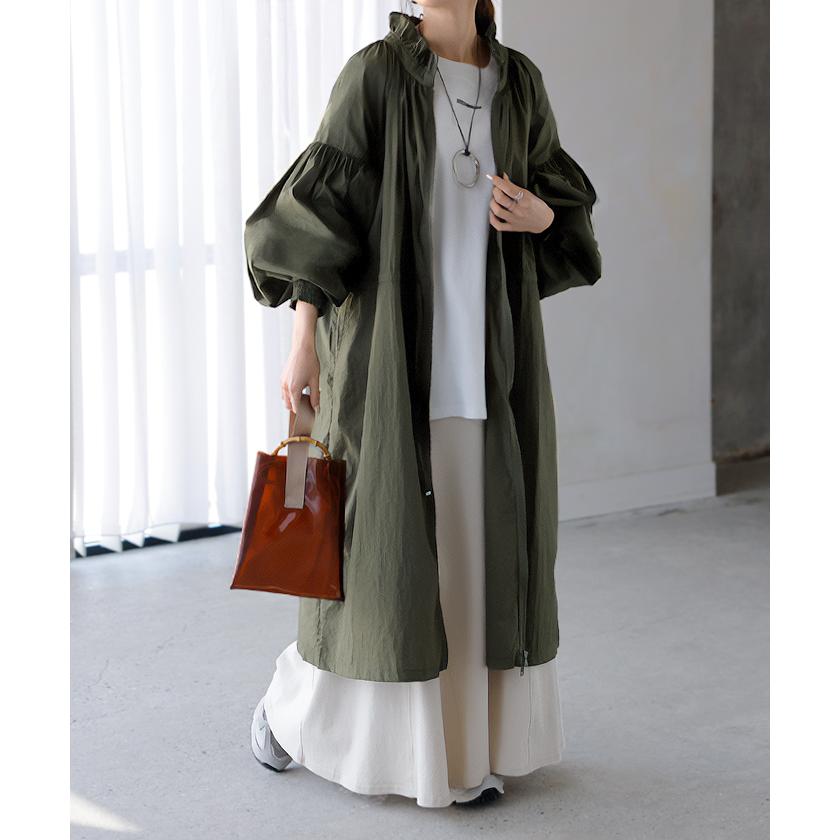 アウター ブルゾン ロング 微 撥水 軽量 レディース ジャンパー ミリタリー ライトアウター ナイロン ハイネック ボリュームスリーブ ダブルジップ 羽織 コート | HUG.U | 06