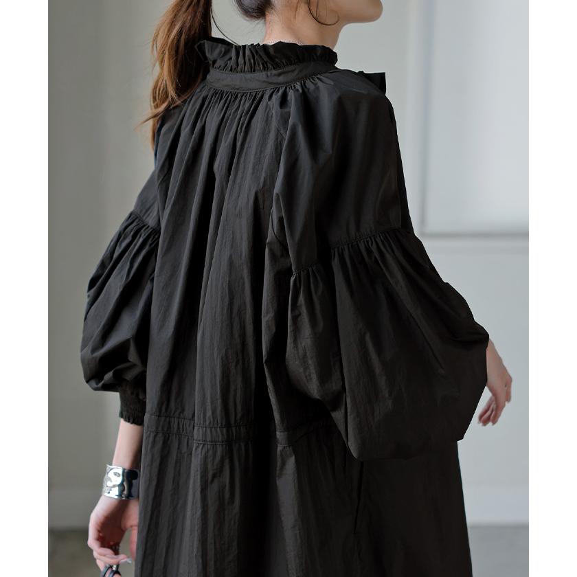 アウター ブルゾン ロング 微 撥水 軽量 レディース ジャンパー ミリタリー ライトアウター ナイロン ハイネック ボリュームスリーブ ダブルジップ 羽織 コート | HUG.U | 08