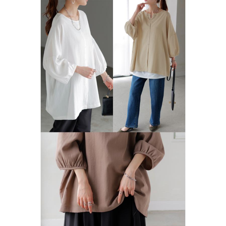 ブラウス 前後2WAY シャツ レディース ノーカラー トップス バンドカラー ロング ロングシャツ チュニック | HUG.U | 22