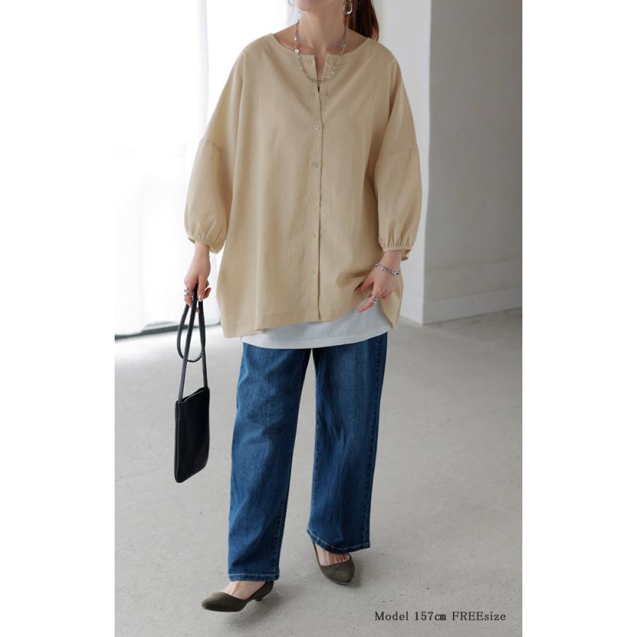 ブラウス 前後2WAY シャツ レディース ノーカラー トップス バンドカラー ロング ロングシャツ チュニック | HUG.U | 08