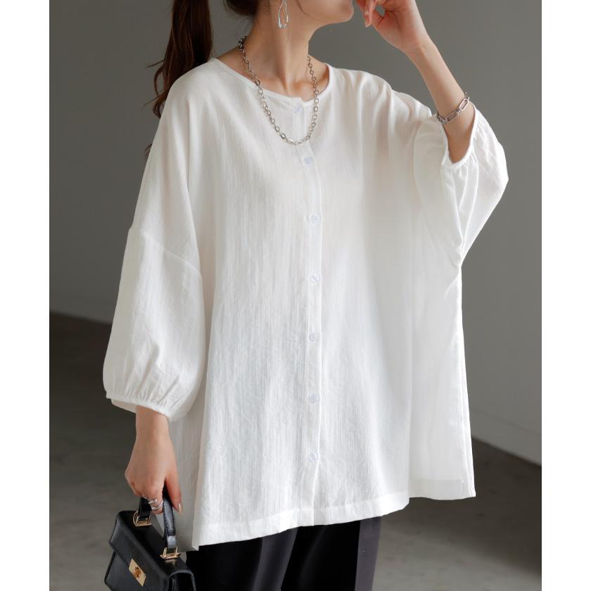 ブラウス 前後2WAY シャツ レディース ノーカラー トップス バンドカラー ロング ロングシャツ チュニック | HUG.U | 09