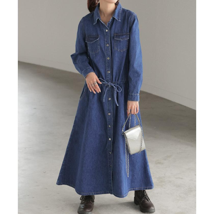 SALE ワンピース デニム レディース シャツワンピース シャツワンピ 綿100 長袖 ロング ロングワンピース Aライン | HUG.U | 06