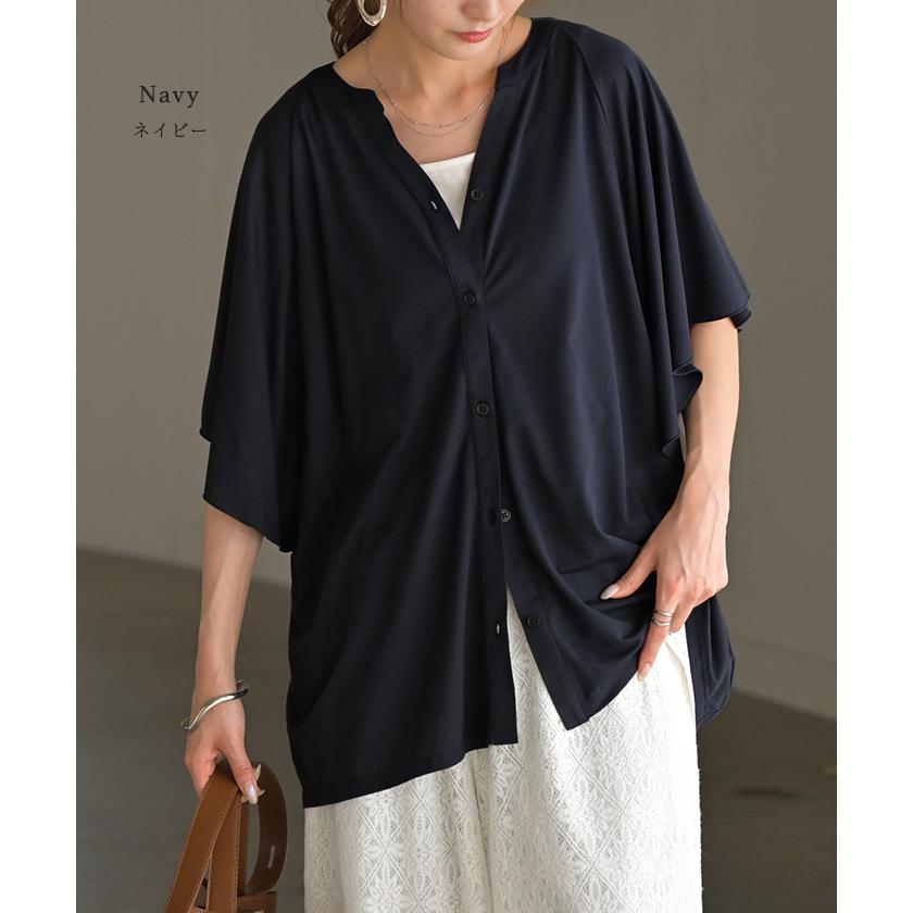 シャツ ノーカラー 接触冷感 UVカット レディース トップス 吸水速乾 抗菌防臭 バンドカラー ブラウス ロング | HUG.U | 16