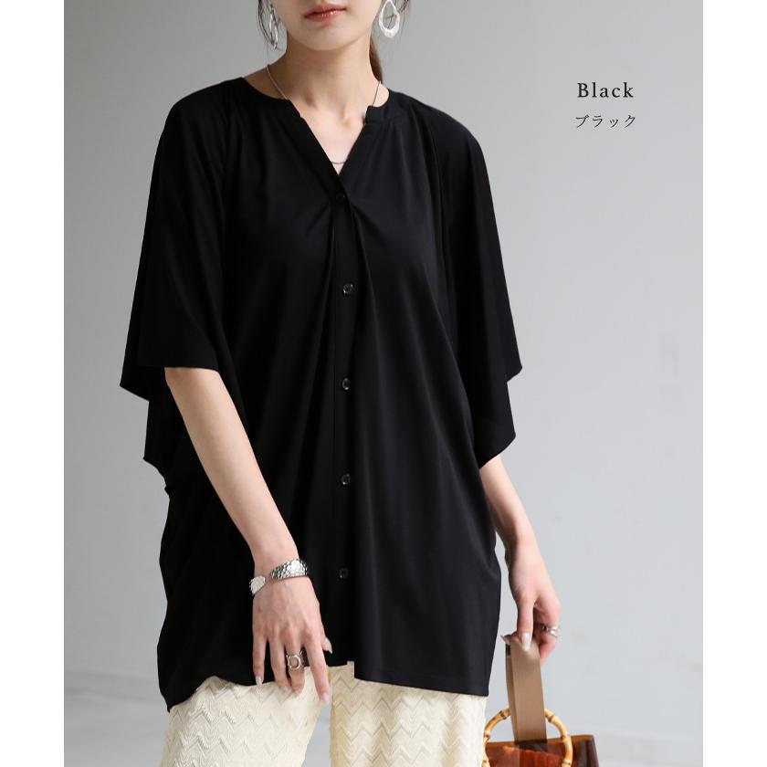 シャツ ノーカラー 接触冷感 UVカット レディース トップス 吸水速乾 抗菌防臭 バンドカラー ブラウス ロング | HUG.U | 23