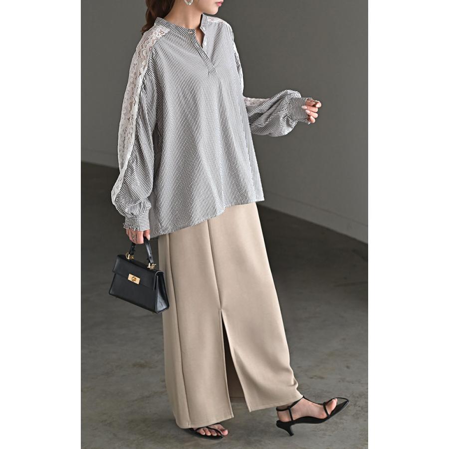 シャツ レディース ノーカラー レース トップス バンドカラー ストライプ シワになりにくい 花柄 ブラウス ロング | HUG.U | 11