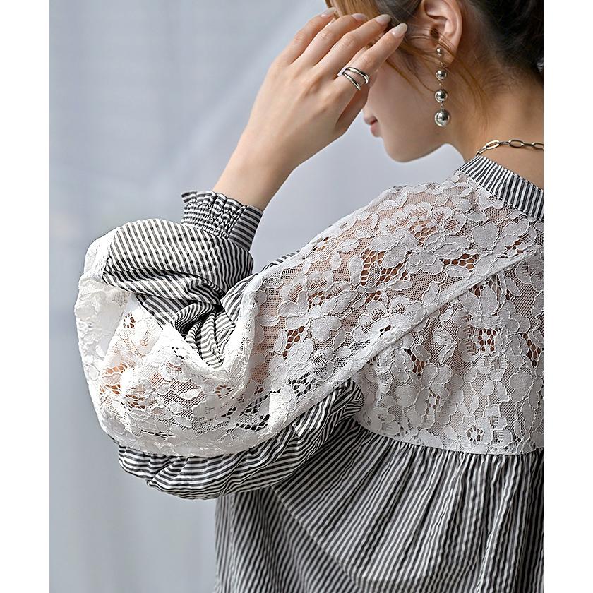 シャツ レディース ノーカラー レース トップス バンドカラー ストライプ シワになりにくい 花柄 ブラウス ロング | HUG.U | 14