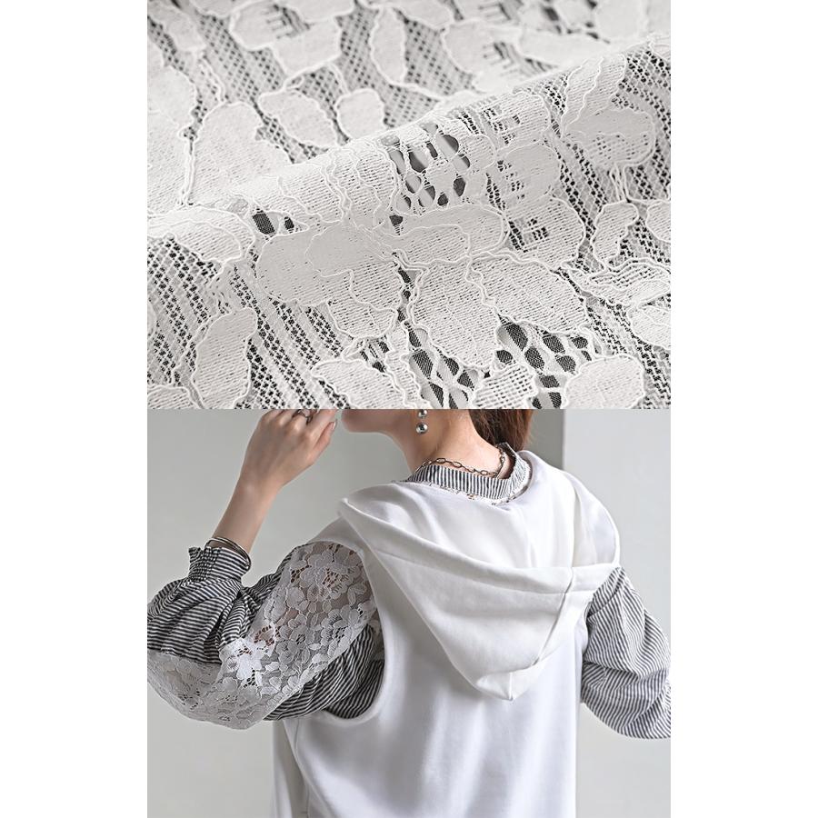 シャツ レディース ノーカラー レース トップス バンドカラー ストライプ シワになりにくい 花柄 ブラウス ロング | HUG.U | 16