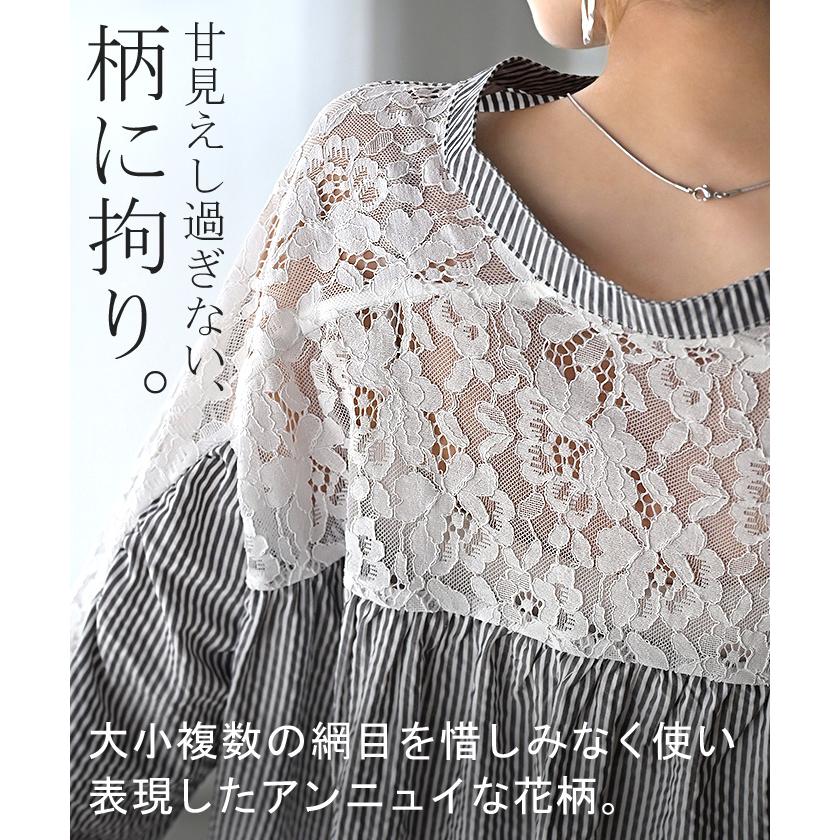 シャツ レディース ノーカラー レース トップス バンドカラー ストライプ シワになりにくい 花柄 ブラウス ロング | HUG.U | 18